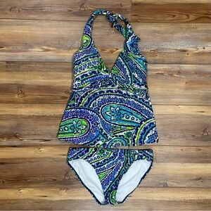 Ralph Lauren Swimsuit Matching Tankini Top Bikini Bottoms Sz 8 Blue Green Halter